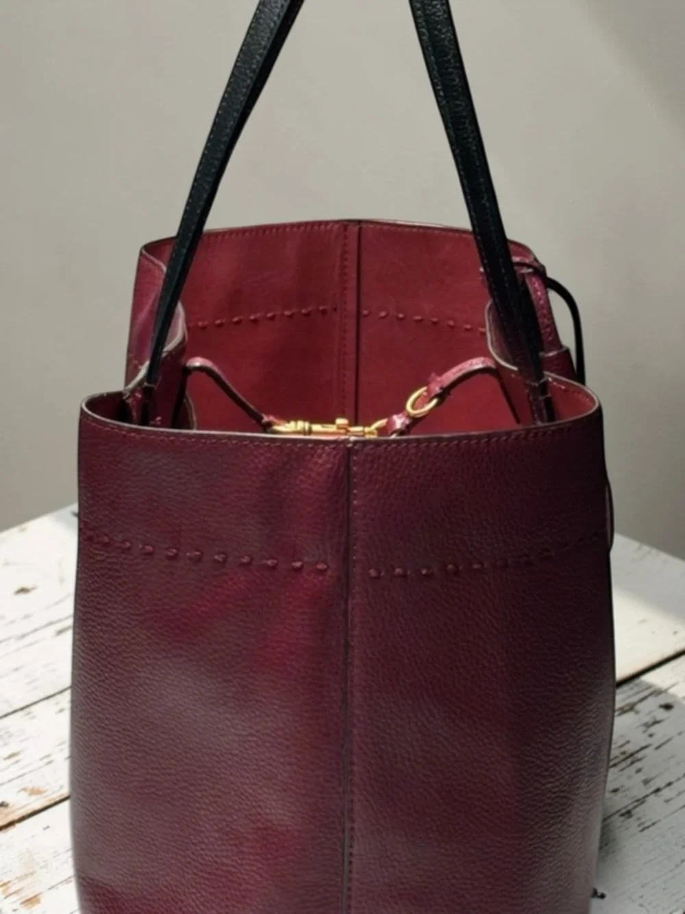Tory Burch McGraw Leather Tote- Wine Red with Black Handles - Picture 4 of 15